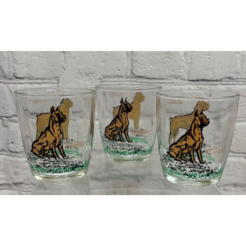 Vtg Hazel Atlas Willie the Boxer Dog Glassware Tumbler Lowball Rocks Barware